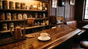 銀座の老舗喫茶店の情景：木のカウンターと琥珀色のコーヒー、ネルドリップの道具