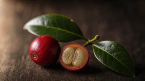 熟したコーヒーチェリーと、半分に切って中の2粒の生豆を見せた断面