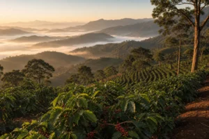 朝もやの立つ高地のコーヒー農園。斜面に等高線状の畝が並び、手前の枝に赤いコーヒーチェリーが実る